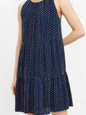 LOFT Navy Tiered Mini Dress with Green and Yellow Dot Print